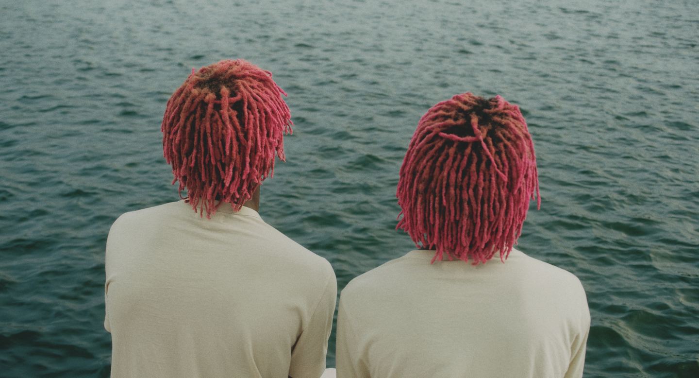 Two people with red-dyed locs, seen from behind, sitting still at the edge of a grey lagoon.