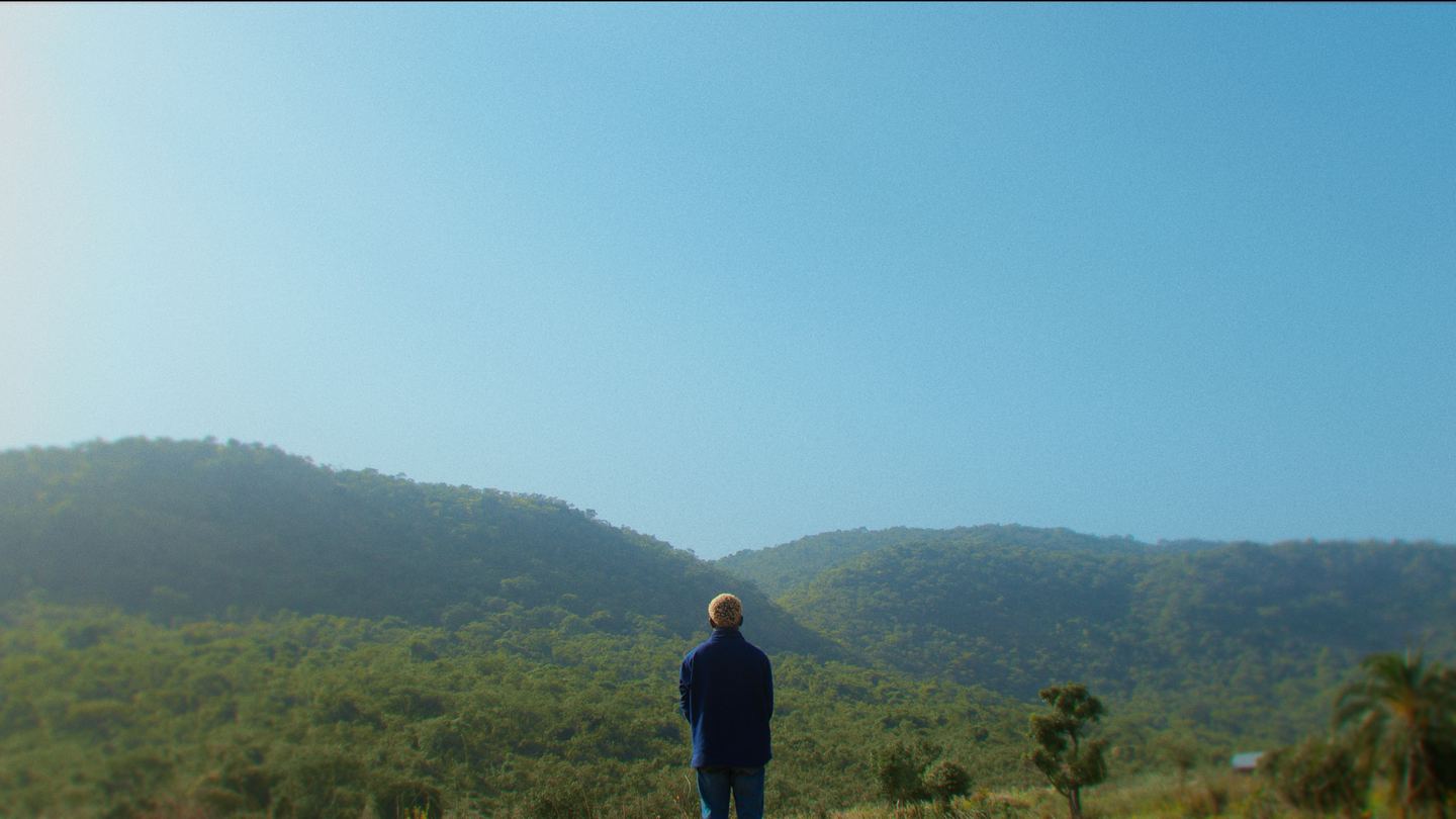 A man in a dark coat stands on a hilltop looking out over forested ridges under a wide, pale sky.